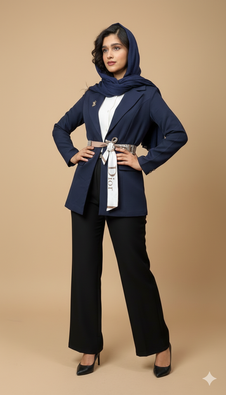 کت تک ysl با کمربند دلخواه تون از رنگ کرم و سرمه ای